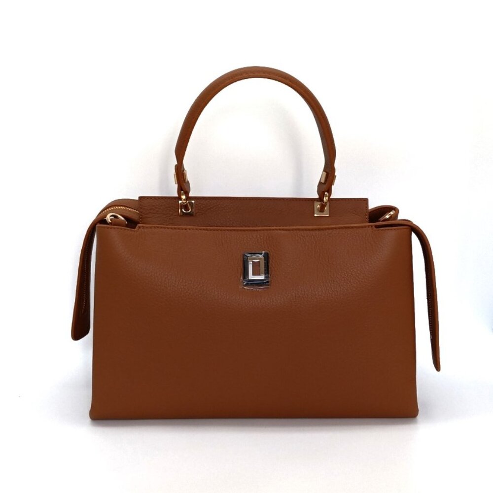 Double Zip Satchel Chestnut Leather Handbag Luana Italy NWT